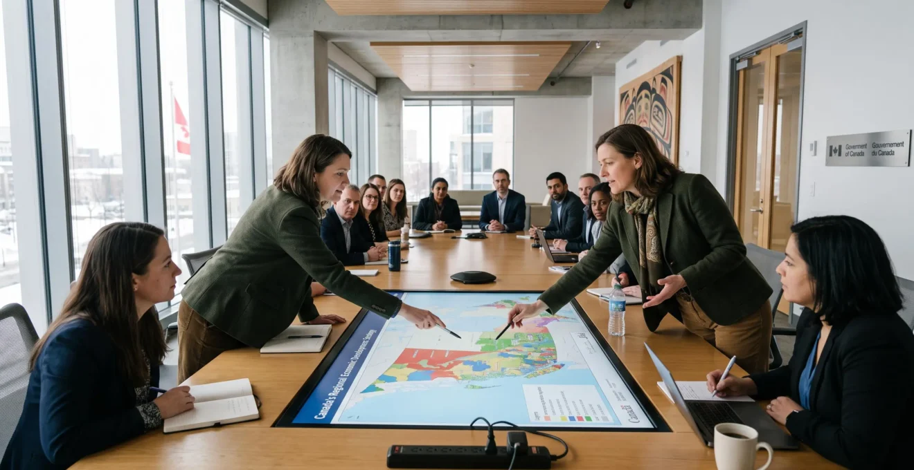 Consultante en politique régionale examinant une carte détaillée du Canada pour adapter les politiques nationales aux besoins spécifiques des régions.