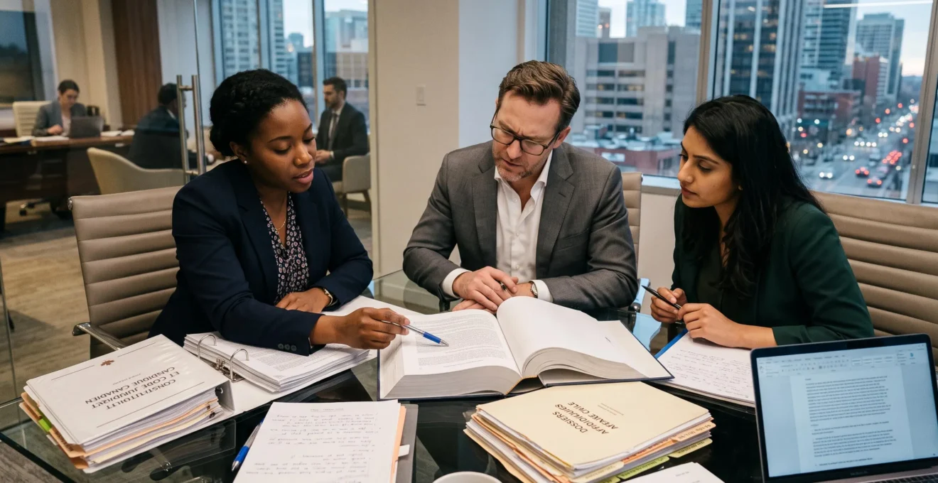 Professionnels analysant des documents juridiques complexes sur une table de réunion dans un cadre institutionnel.