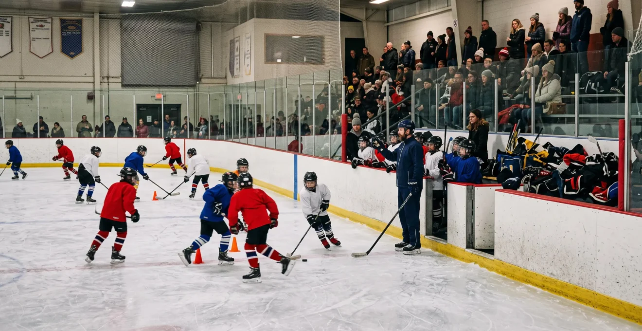 Jeunes joueurs de hockey s'entraînant sur la patinoire d'un aréna municipal canadien pendant que des parents regardent depuis les gradins derrière la vitre.