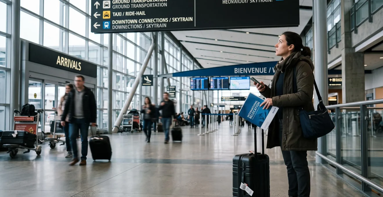 Une professionnelle tout juste arrivée au Canada se tient dans le hall des arrivées d'un aéroport, valise à la main, consultant son téléphone devant les panneaux directionnels.