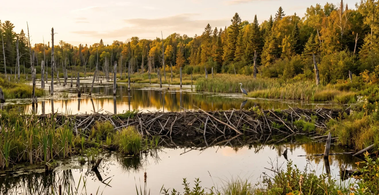 Un barrage de castor retient un étang dans une tourbière boréale canadienne, avec des arbres morts noyés et un héron au bord de l'eau.