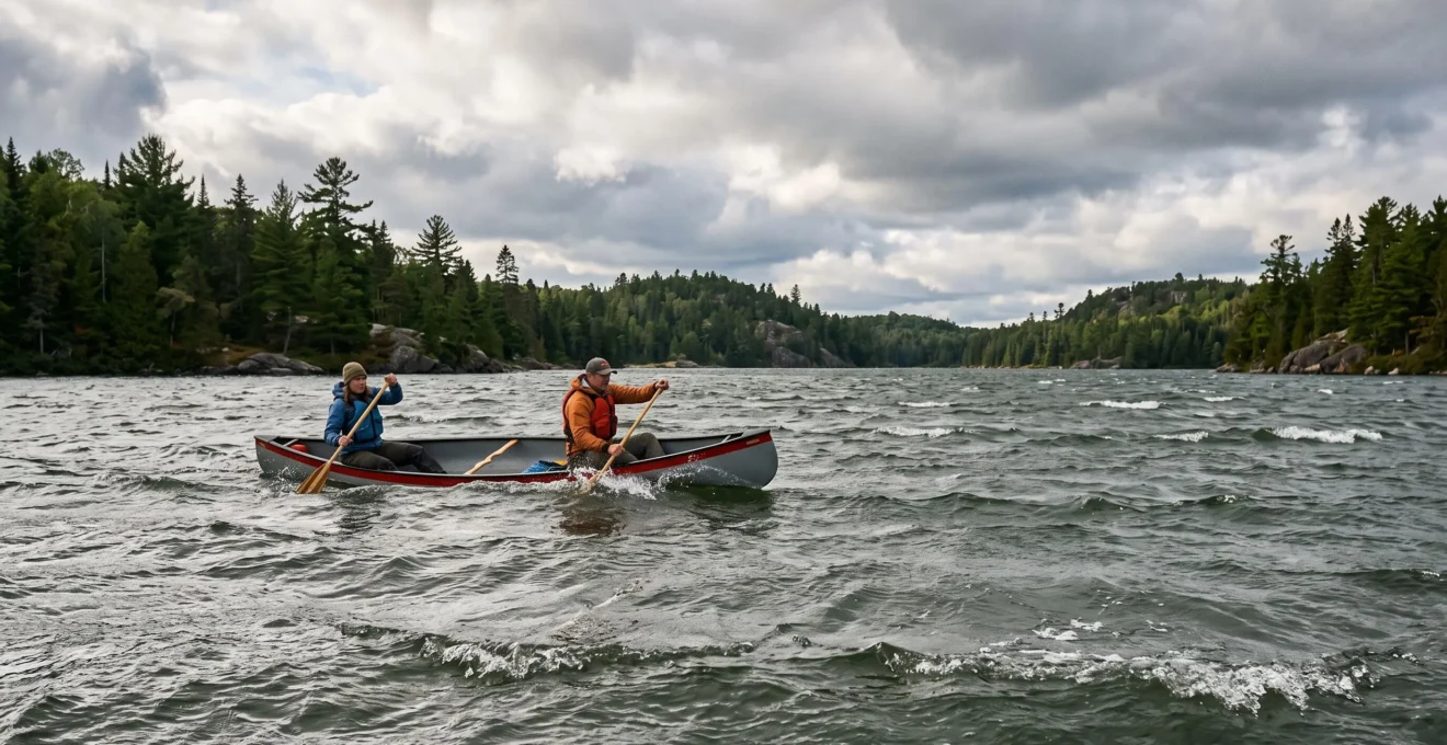 Deux pagayeurs en canoë avancent sur un grand lac canadien agité par un vent de l'après-midi qui forme de petites vagues sur la surface de l'eau.