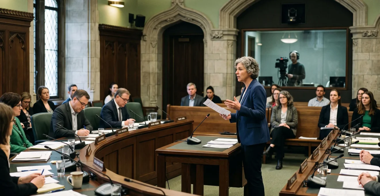 Un citoyen présente un mémoire devant une commission parlementaire réunie dans une salle institutionnelle, tandis que des membres prennent des notes.