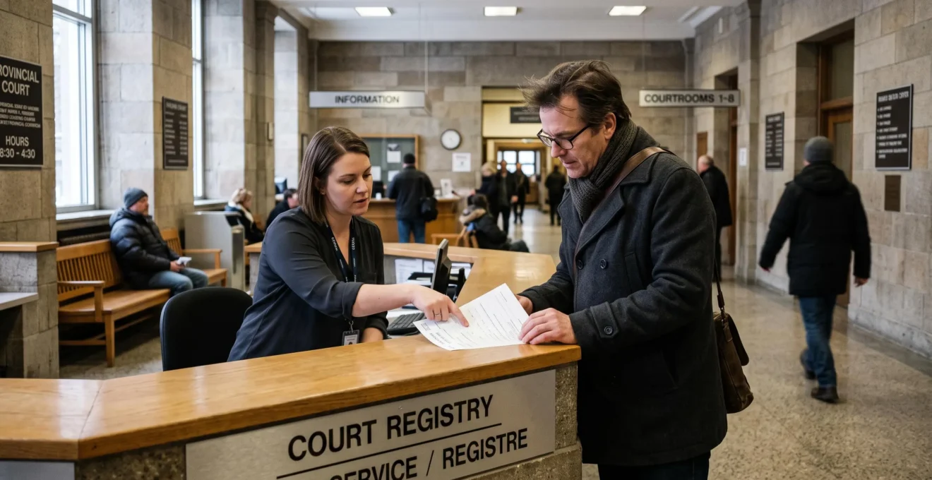 Un citoyen échange avec un commis au comptoir d'accueil d'un palais de justice canadien en tenant un document.