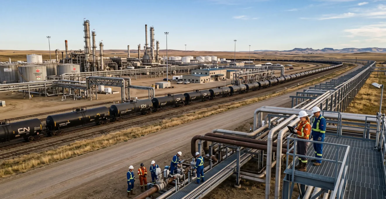 Un complexe pétrolier canadien étendu illustrant la chaîne de production et de transport du brut.