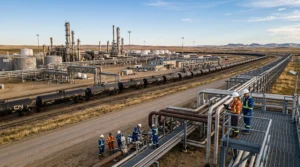 Un complexe pétrolier canadien étendu illustrant la chaîne de production et de transport du brut.