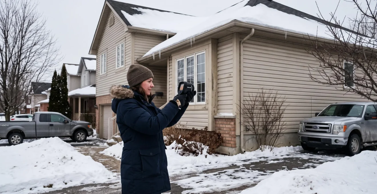 Un conseiller en efficacité énergétique analyse avec une caméra thermique les murs extérieurs d'une maison canadienne en hiver pour repérer les déperditions de chaleur.