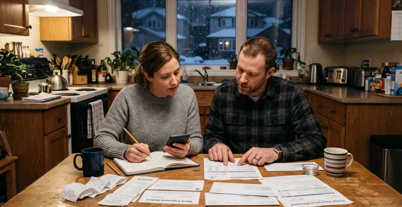 Un couple assis à la table de cuisine examine des factures, des reçus d'épicerie et un carnet de budget avec une calculatrice.
