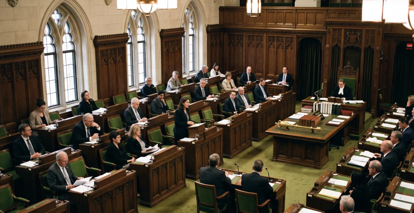 Une séance de débat dans une chambre parlementaire canadienne, avec un député debout au pupitre qui s'adresse à l'assemblée pendant que d'autres membres écoutent.
