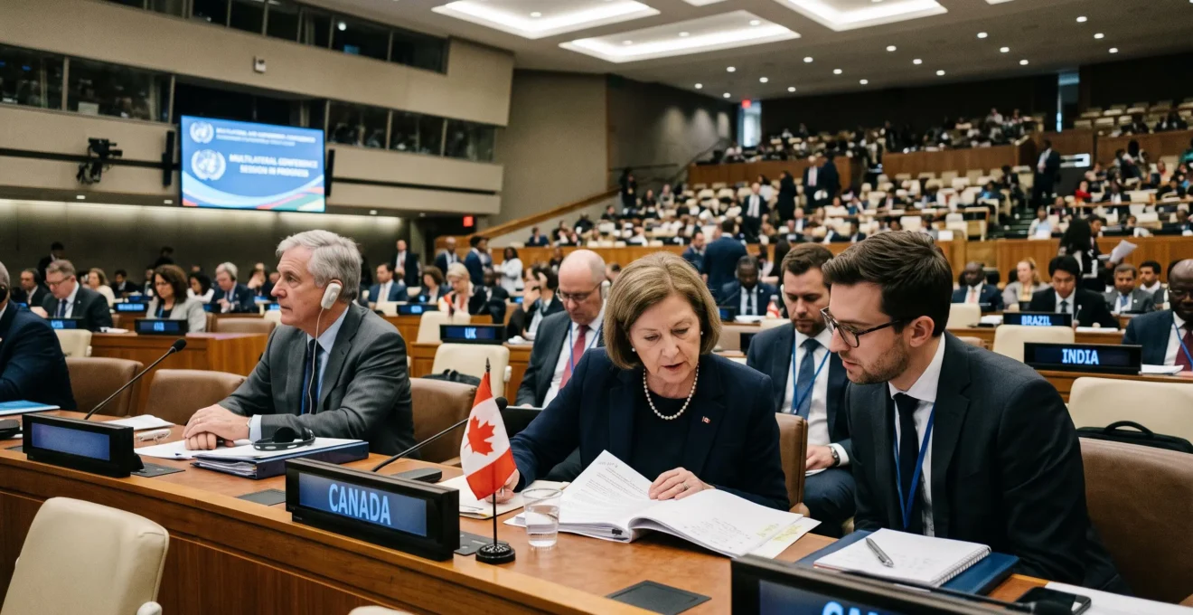 Une délégation canadienne consulte ses notes en séance dans une grande salle de conférence internationale.