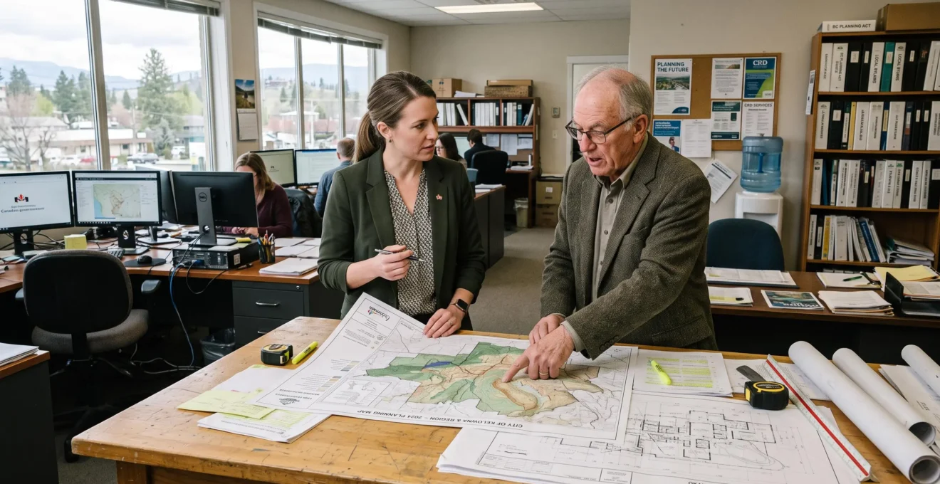 Professionnel municipal et acteur régional discutent d'une carte de planification urbaine complexe dans un bureau canadien.