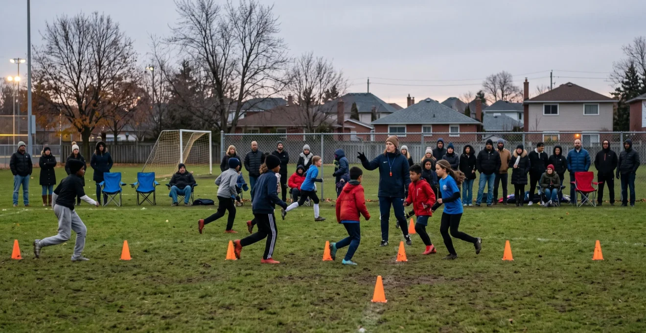 Des enfants de milieux variés participent à un entraînement de soccer encadré par une entraîneuse bénévole dans un parc de quartier canadien, avec des parents le long de la clôture.