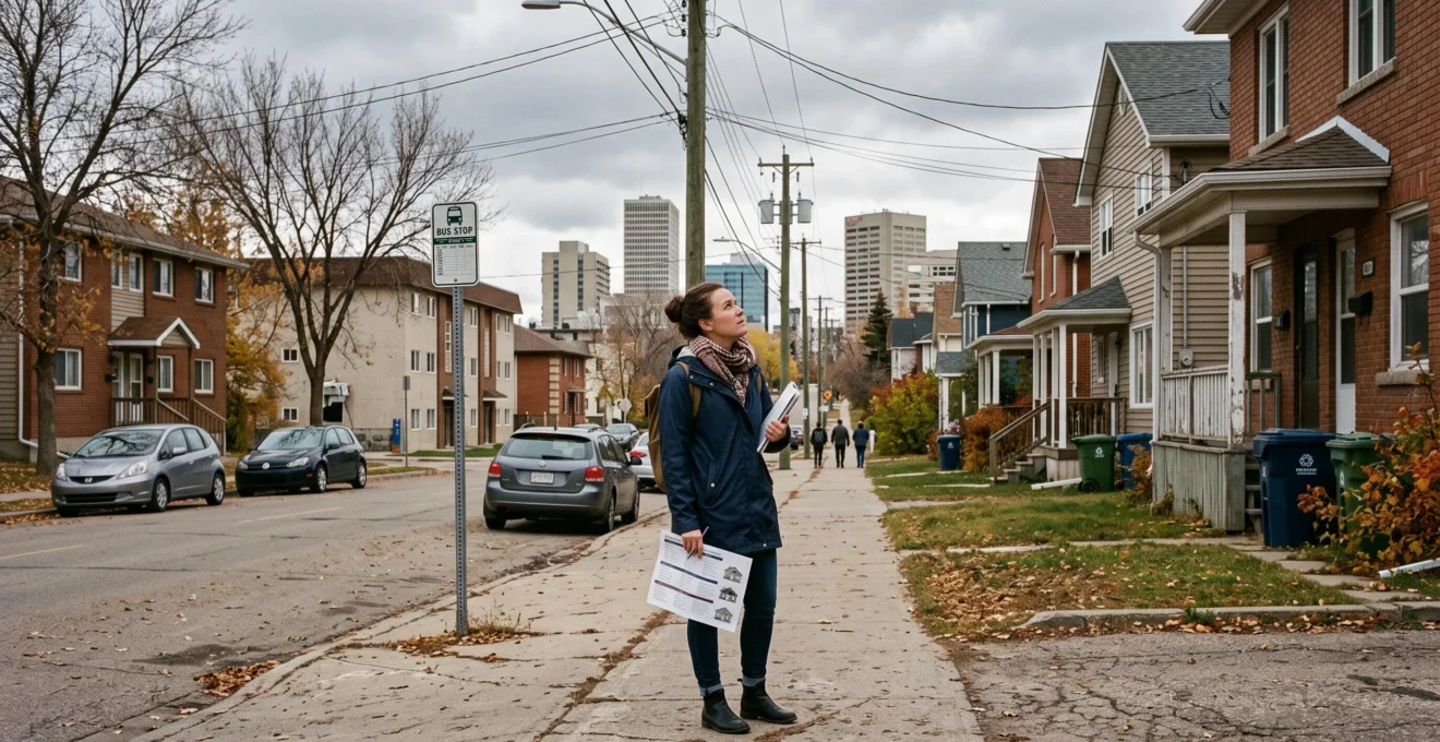 Une femme debout sur un trottoir résidentiel au Canada compare des logements avec une fiche de notes en main, le centre-ville visible au bout de la rue.