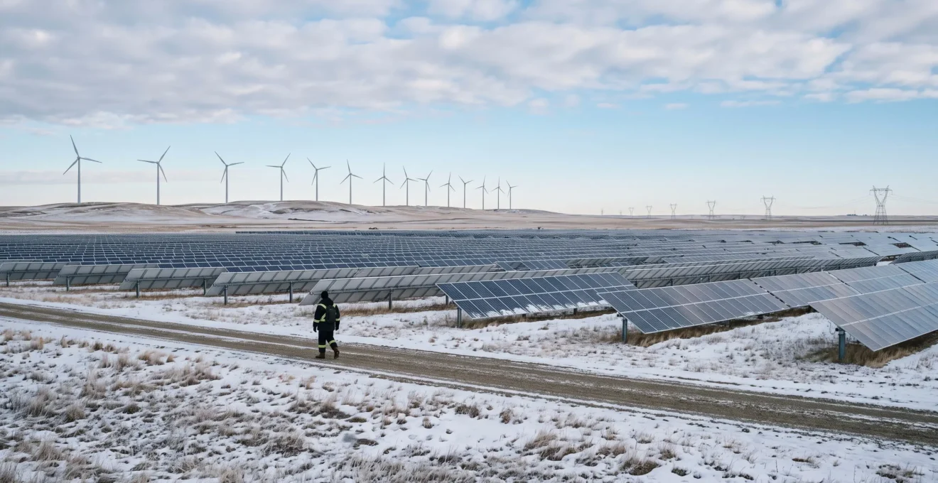 Une technicienne marche le long d'un chemin de gravier entre des rangées de panneaux solaires, avec des éoliennes visibles sur les collines en arrière-plan sous un ciel d'hiver au Canada.