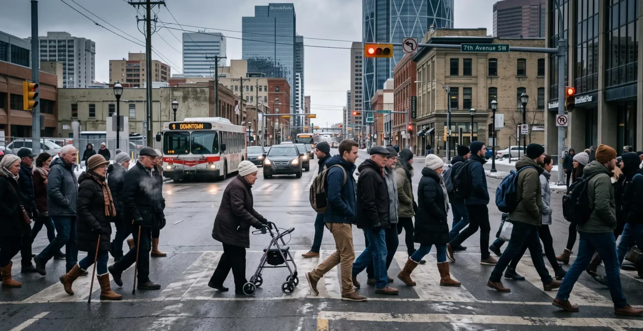 Foule de piétons de tous âges, dont beaucoup de personnes âgées, traversant une rue du centre-ville canadien par une matinée froide d'hiver.