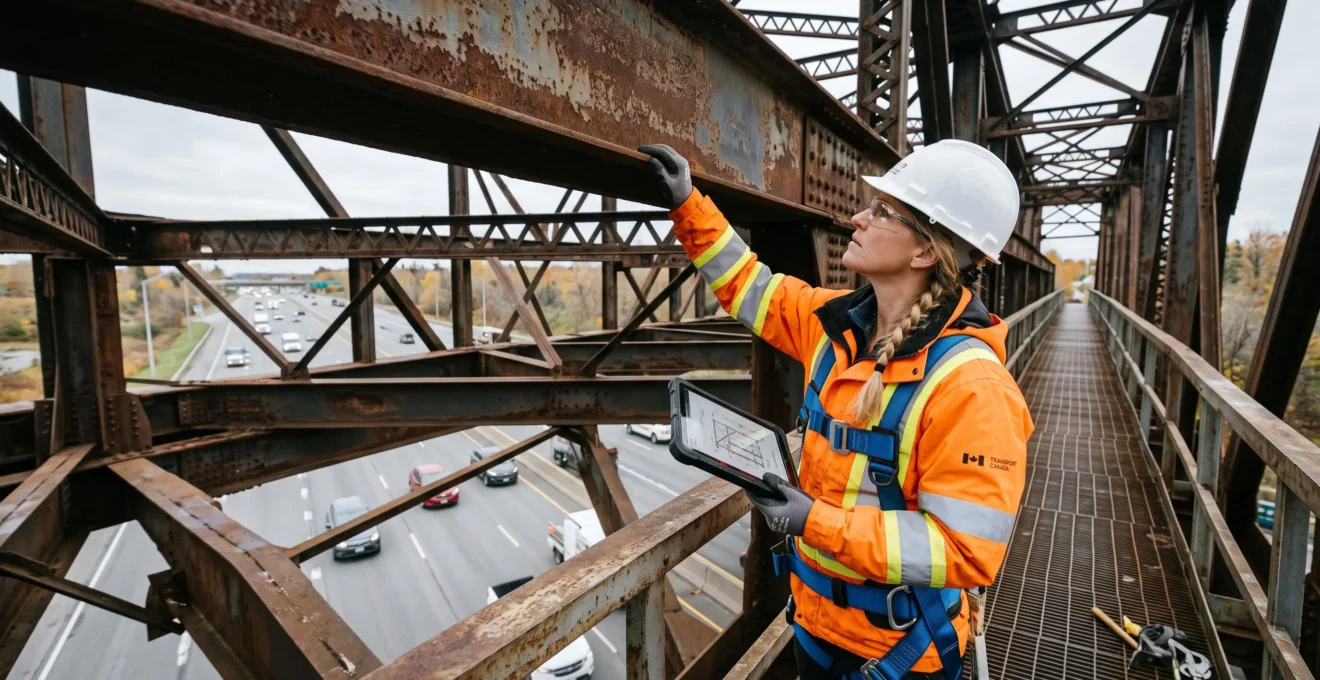 Un ingénieur en veste haute visibilité inspecte une poutre en acier corrodée sous un viaduc routier canadien.