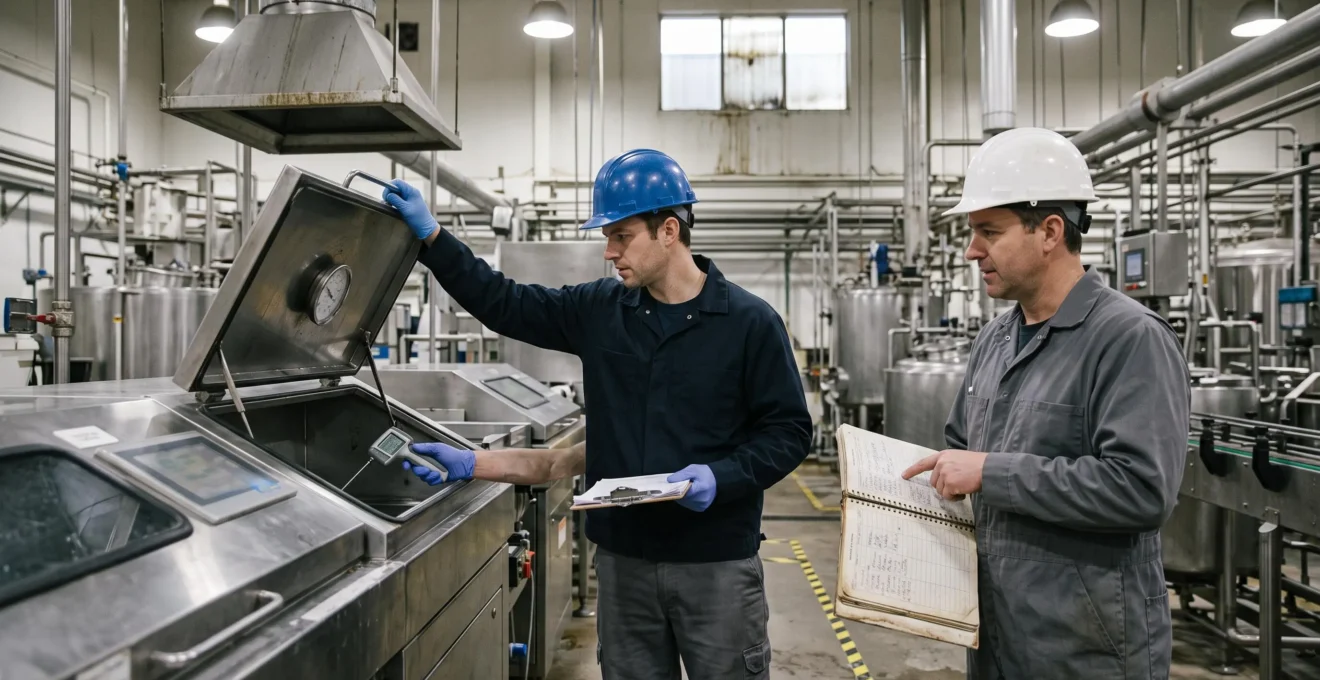 Un inspecteur vérifie la température d'une ligne de production inox dans une usine alimentaire pendant qu'un travailleur consulte un registre de maintenance.