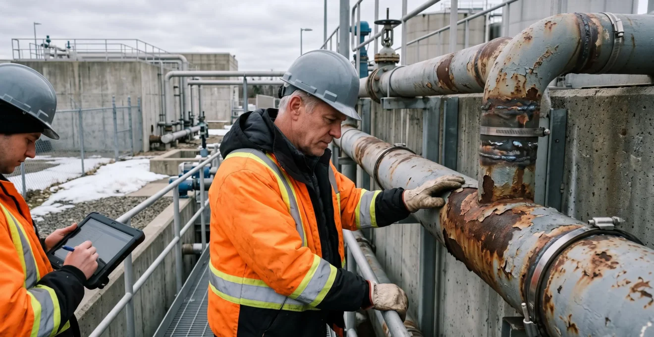Un ingénieur en casque et veste haute visibilité inspecte une conduite d'acier corrodée dans une usine de traitement d'eau vieillissante, accompagné d'un collègue consultant une tablette.