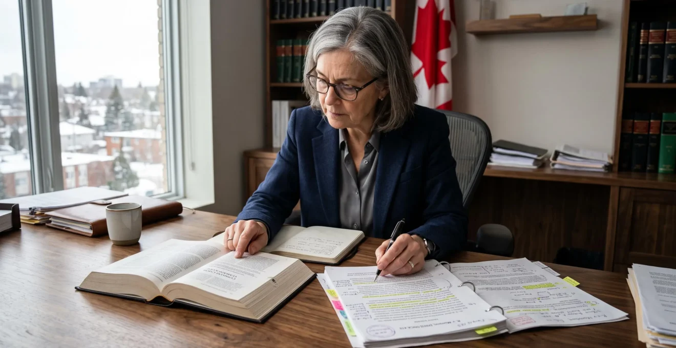 Consultant examinant un texte de loi et une décision de tribunal côte à côte pour une interprétation juridique au Canada.