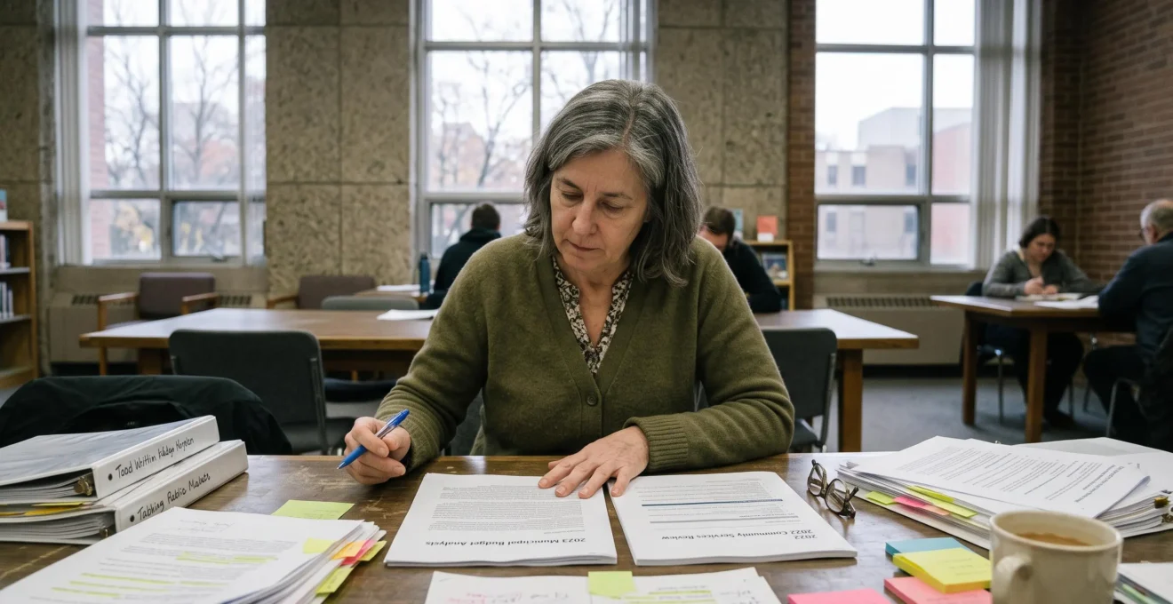 Une lectrice compare côte à côte deux rapports gouvernementaux imprimés posés sur la table d'une salle de lecture.