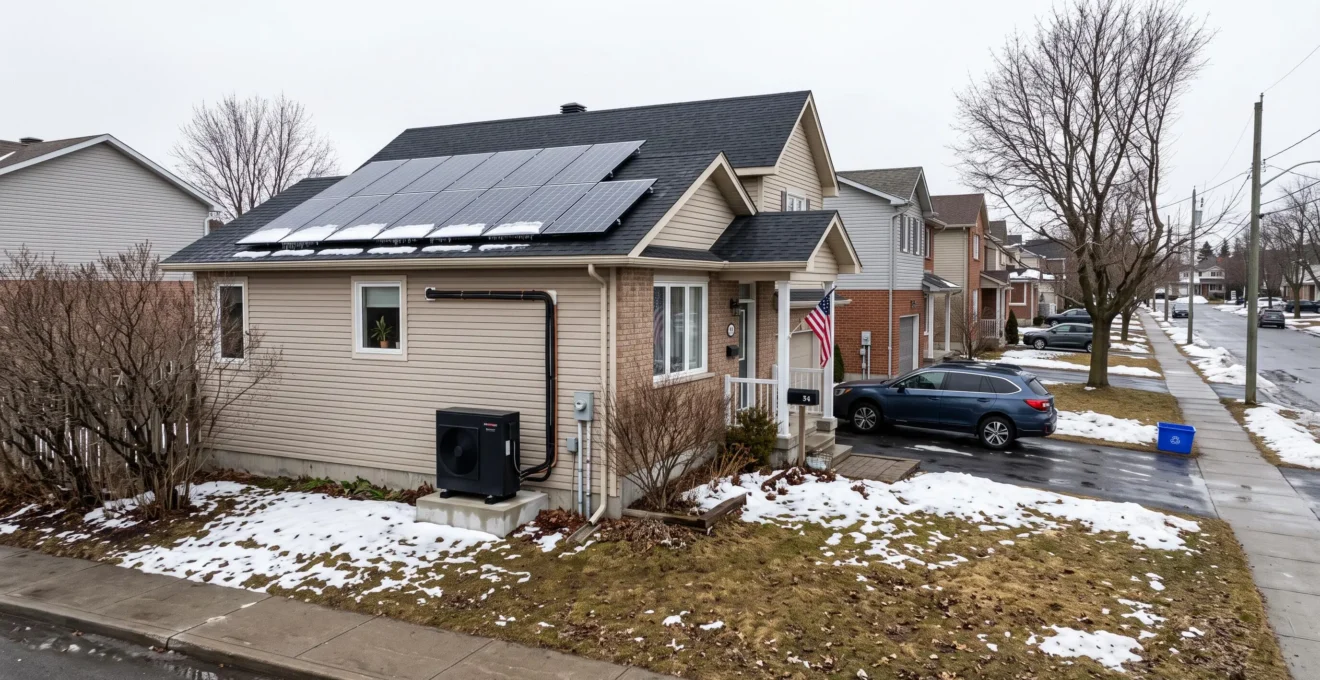 Une maison canadienne au début du printemps avec une thermopompe extérieure sur un socle en béton et des panneaux solaires en partie dégagés de la neige sur le toit.