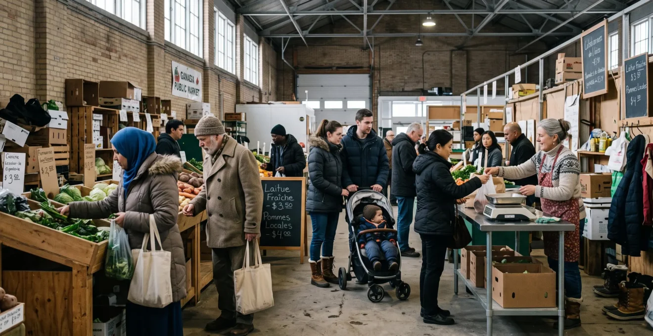Des acheteurs d'origines variées font leurs courses dans un marché public canadien, servies par un même vendeur