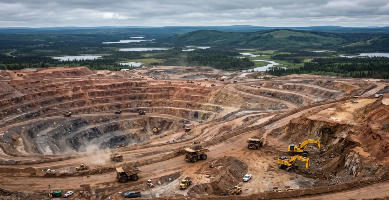 Vue large d'une mine à ciel ouvert dans la forêt boréale canadienne, avec camions et pelleteuses travaillant devant une étendue de forêt et de lacs intacts sous un ciel couvert.