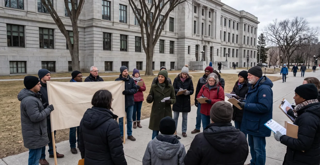 Un groupe de citoyens réunis devant un bâtiment gouvernemental canadien tiennent une bannière et des documents lors d'une mobilisation pacifique.