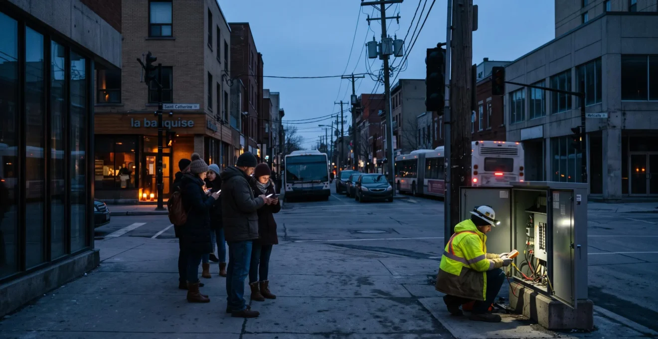 Une rue commerçante canadienne plongée dans la pénombre pendant une panne d'électricité, avec des piétons et un travailleur inspectant un panneau électrique au coin d'une intersection.