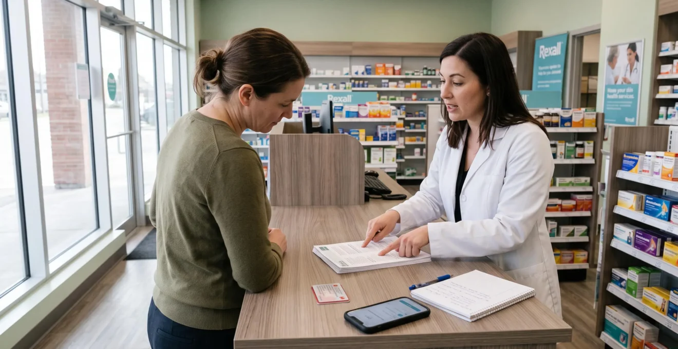 Un patient reçoit des explications d'un pharmacien au comptoir d'une clinique sans rendez-vous, avec une carte d'assurance santé posée sur le comptoir.