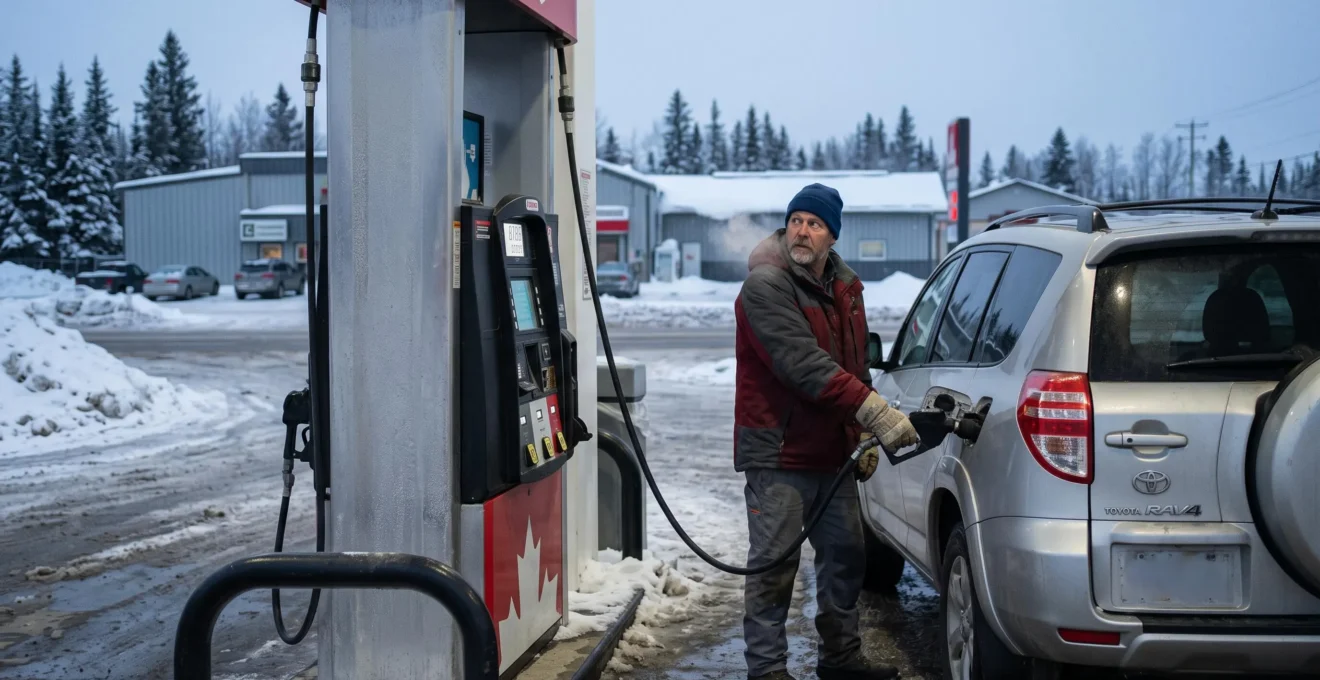 Un automobiliste fait le plein à une station-service canadienne en hiver tout en regardant l'affichage du prix du carburant sur la pompe.