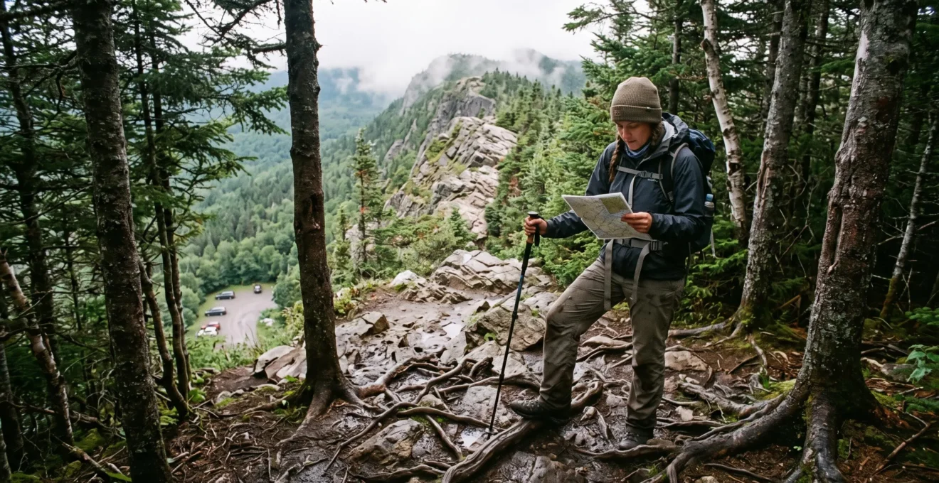 Une randonneuse gravit un sentier forestier raide couvert de racines et de roches humides dans une montagne canadienne, avec la vallée et le stationnement visibles en contrebas.