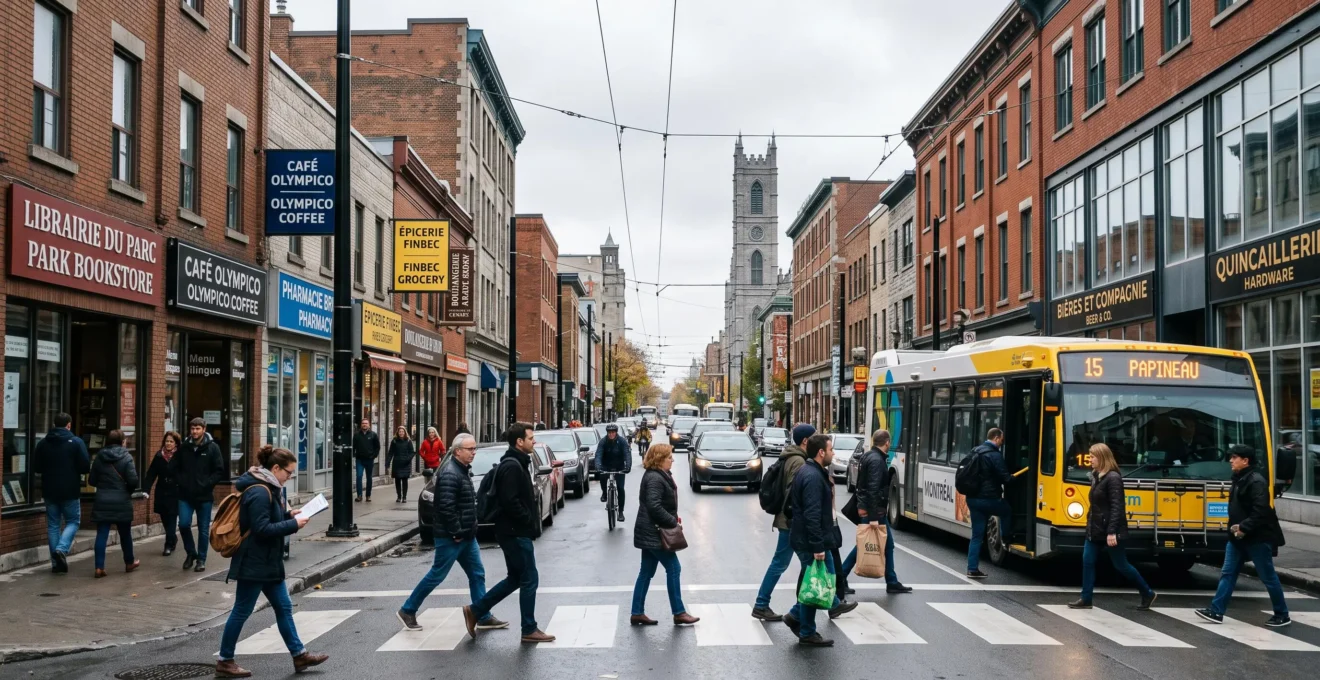 Une rue commerciale d'une ville canadienne où francophones et anglophones circulent devant des commerces aux enseignes dans les deux langues officielles.