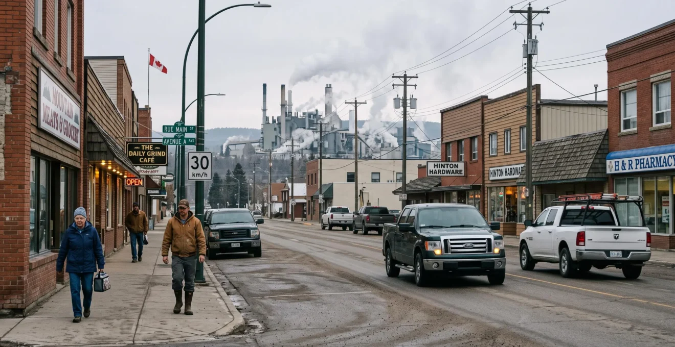 Une rue principale d'une ville régionale canadienne au matin, avec des commerces locaux ouverts et une installation industrielle visible à l'horizon.