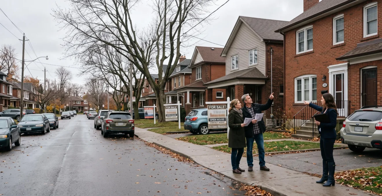 Un couple discute avec un courtier devant une maison canadienne affichant plusieurs panneaux de vente dans une rue résidentielle.