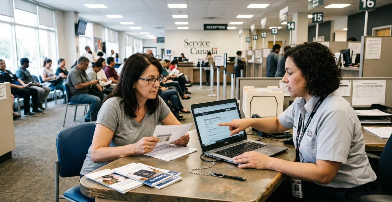 Un employé d'un centre de services publics canadien explique une démarche numérique à un citoyen assis au comptoir avec ses documents.