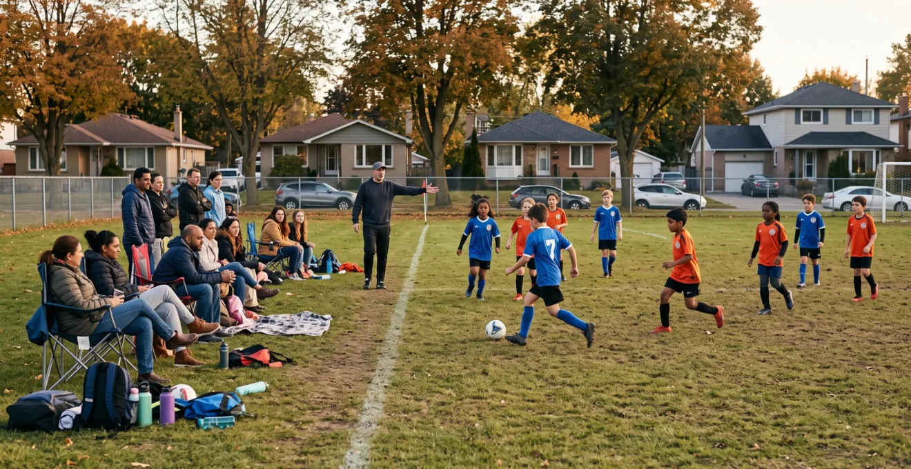 Des enfants de différentes origines jouent un match de soccer de quartier pendant que des familles regardent depuis le bord du terrain en fin d'après-midi.
