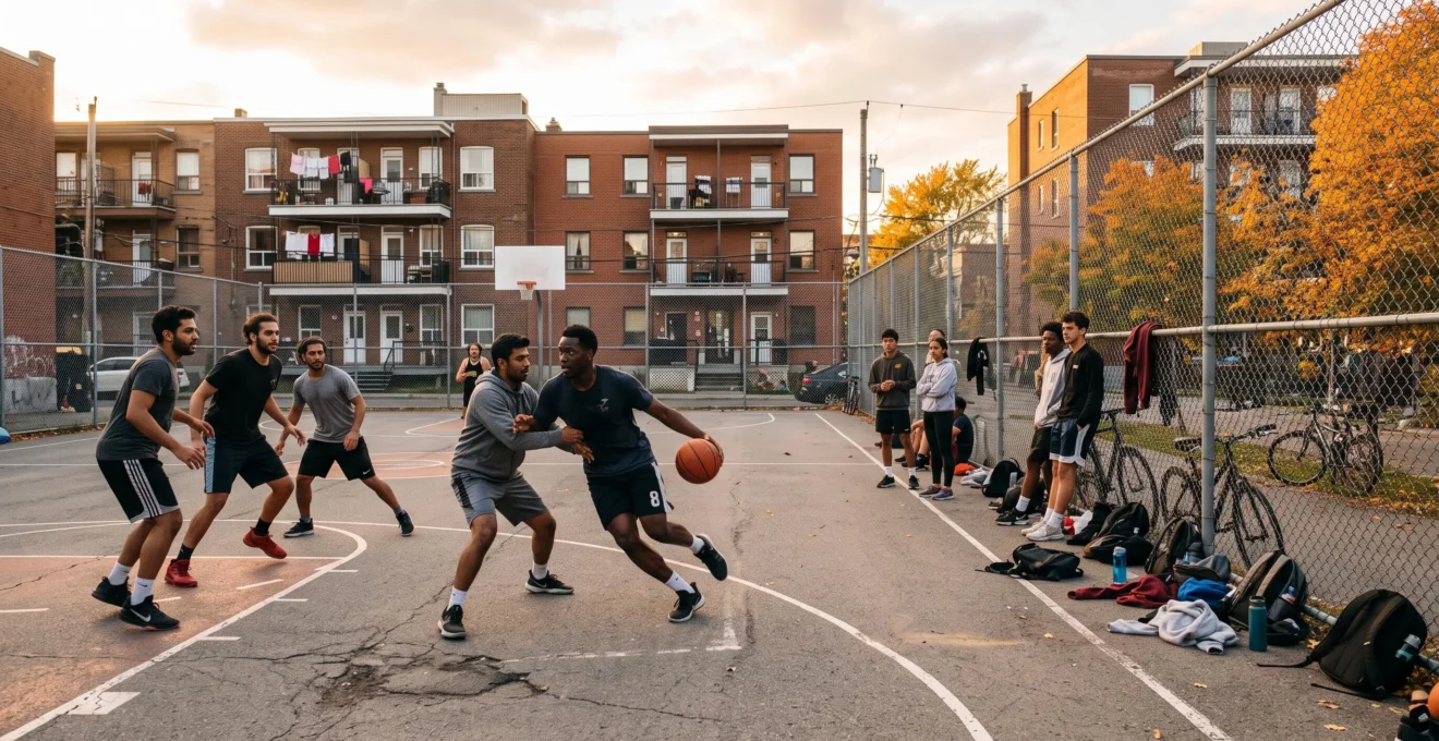 Des jeunes jouent au basketball sur un terrain public en asphalte dans un quartier urbain canadien, en fin d'après-midi.
