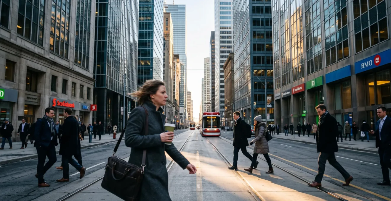Des travailleurs en manteau d'hiver marchent rapidement sur une avenue bordée de tours de bureaux vitrées du centre-ville de Toronto au lever du jour.